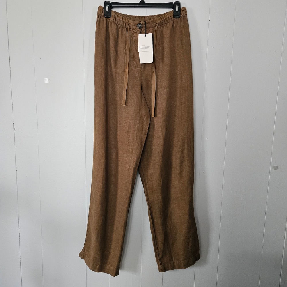 Zara Women Linen Pants M Brown Wide Leg Elastic Waist Drawstring Sustainable